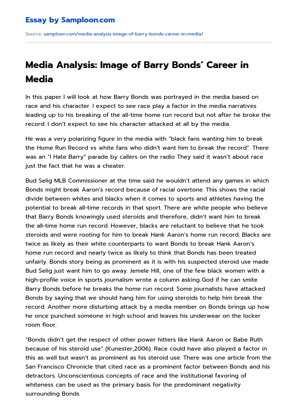 Media Analysis: Image of Barry Bonds’ Career in Media essay