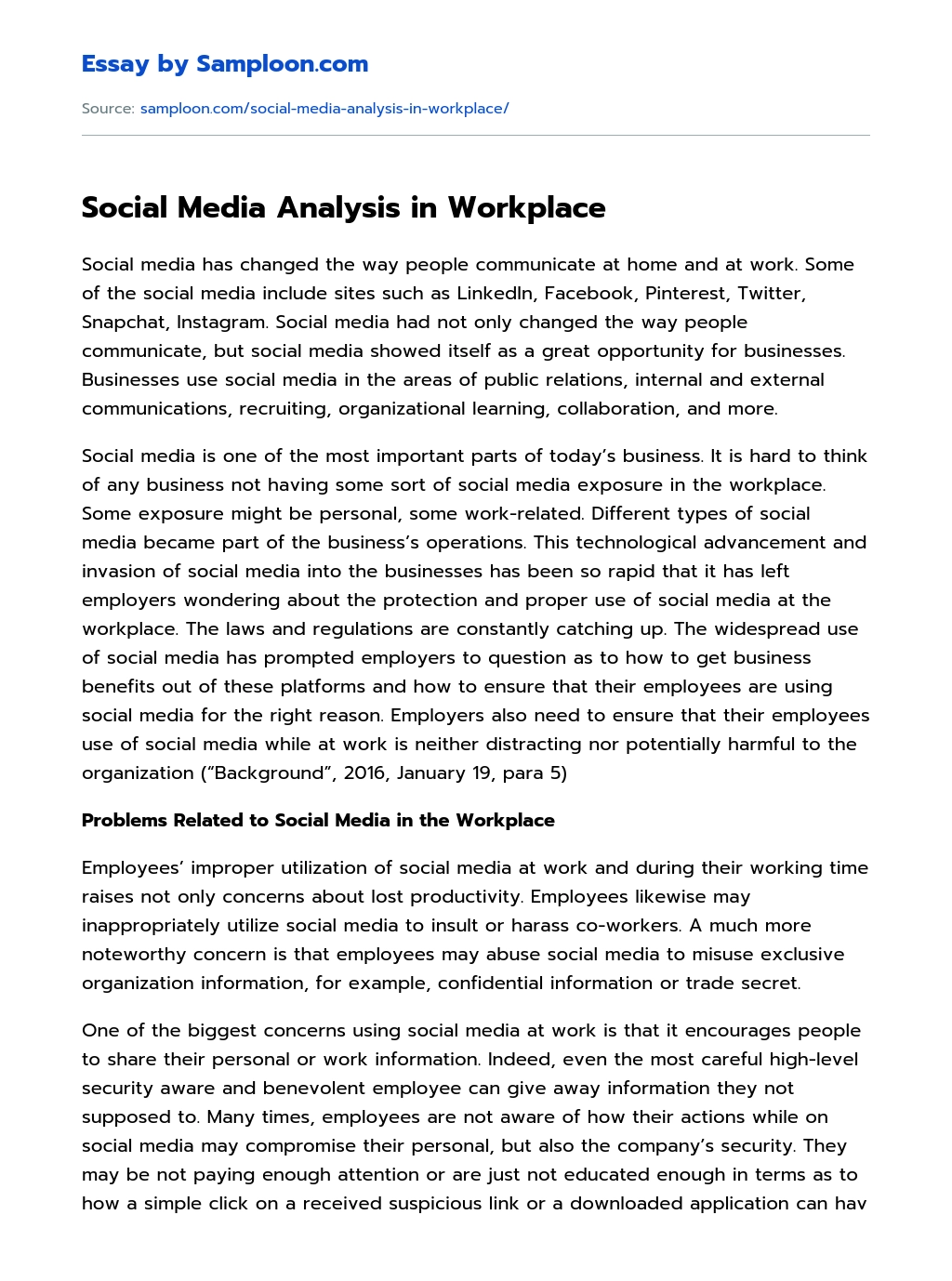 Social Media Analysis in Workplace essay