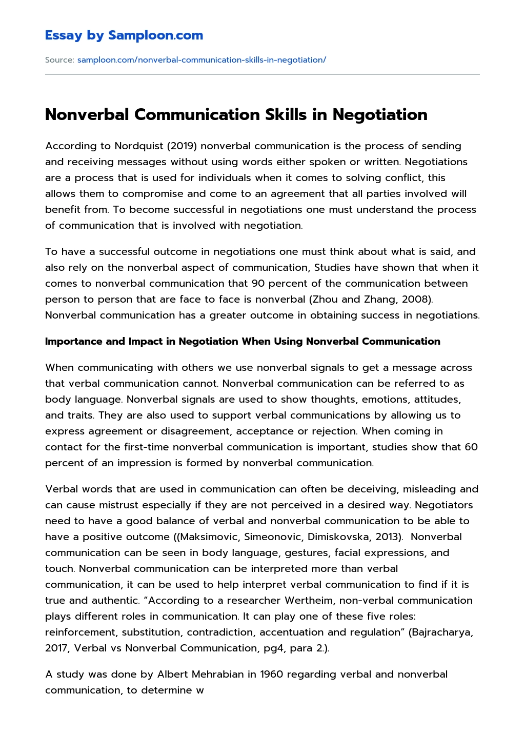 Nonverbal Communication Skills in Negotiation essay