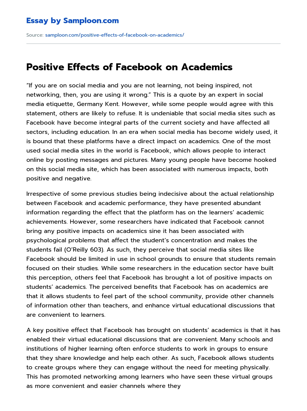 Positive Effects of Facebook on Academics  essay