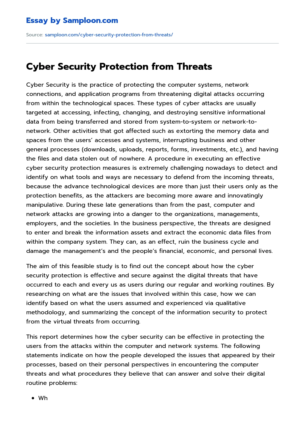Cyber Security Protection from Threats Personal Essay essay