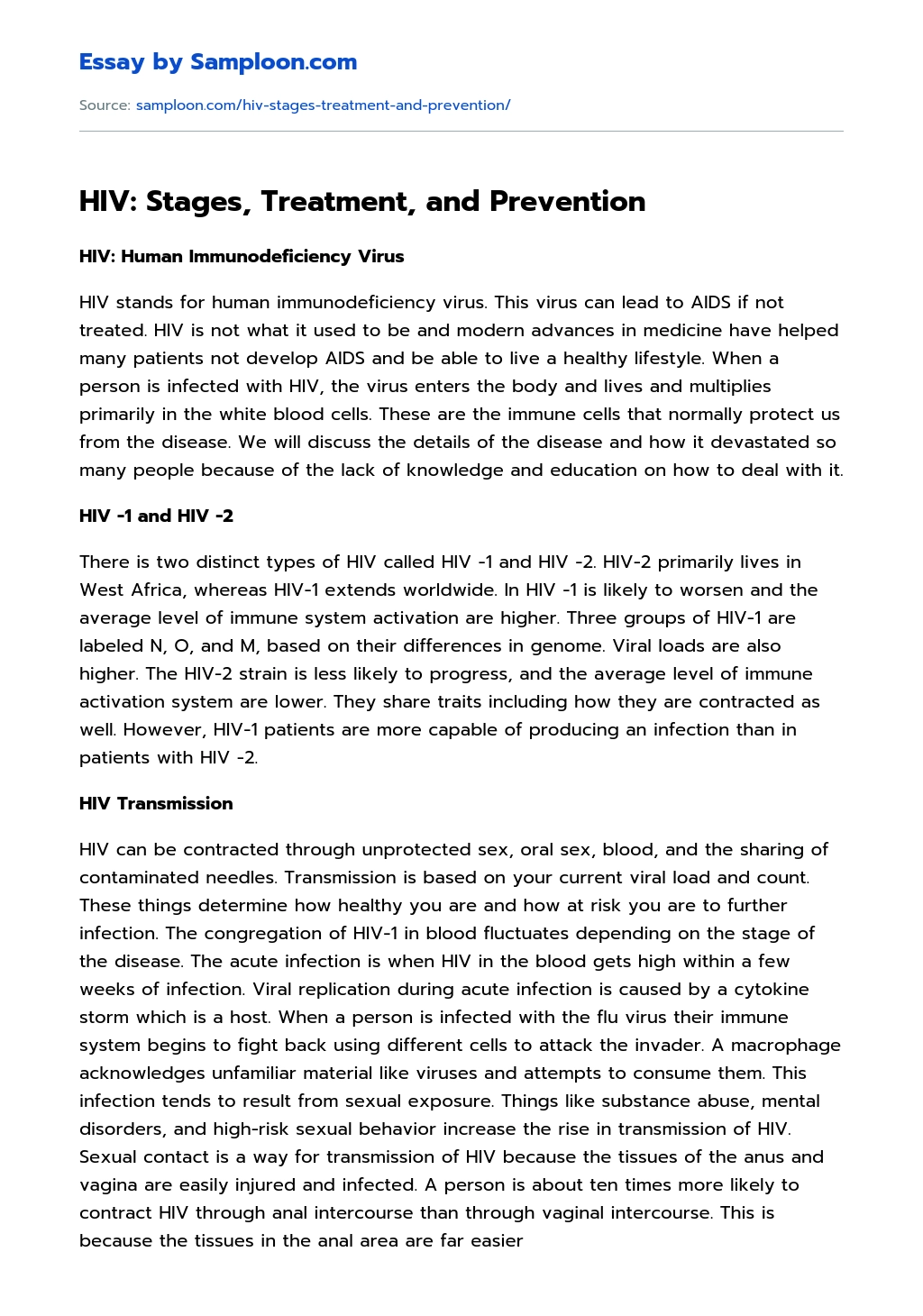 HIV: Stages, Treatment, and Prevention essay