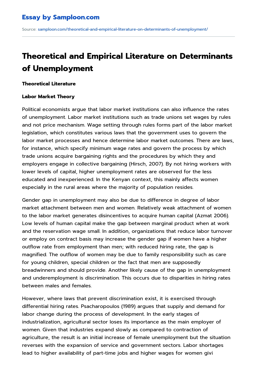 Theoretical and Empirical Literature on Determinants of Unemployment essay