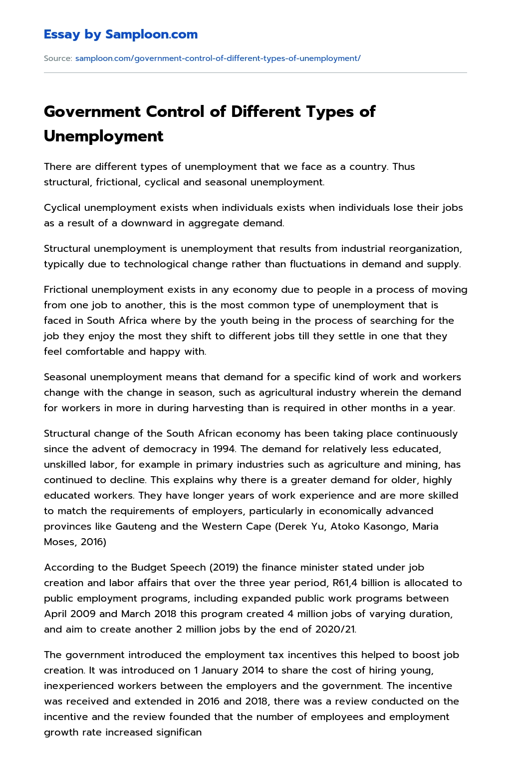 Government Control of Different Types of Unemployment essay