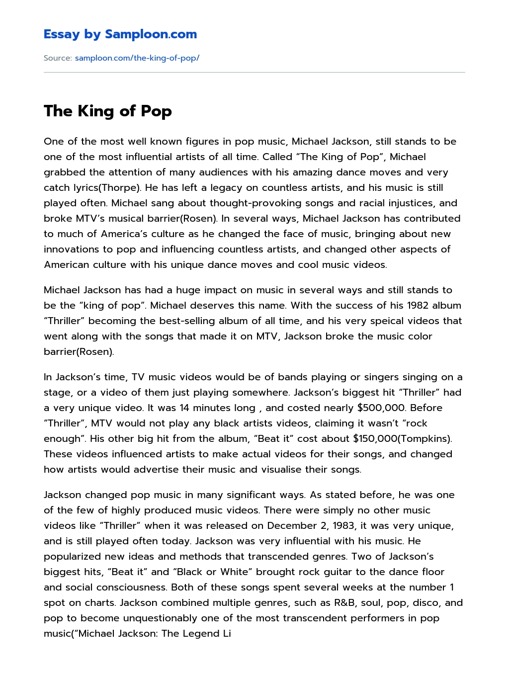 The King of Pop essay