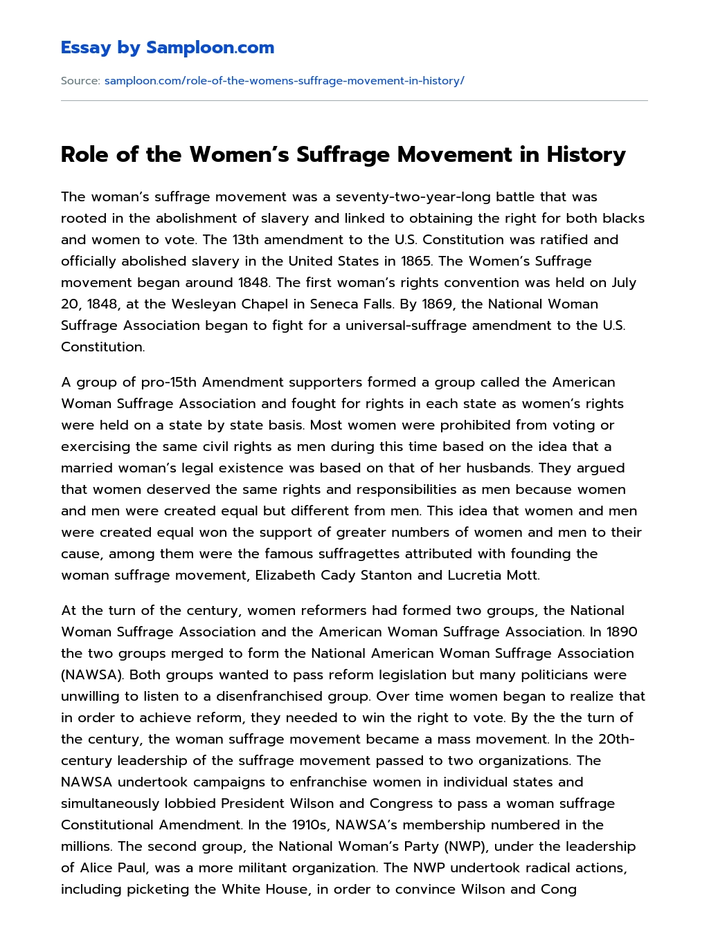 Role of the Women’s Suffrage Movement in History essay