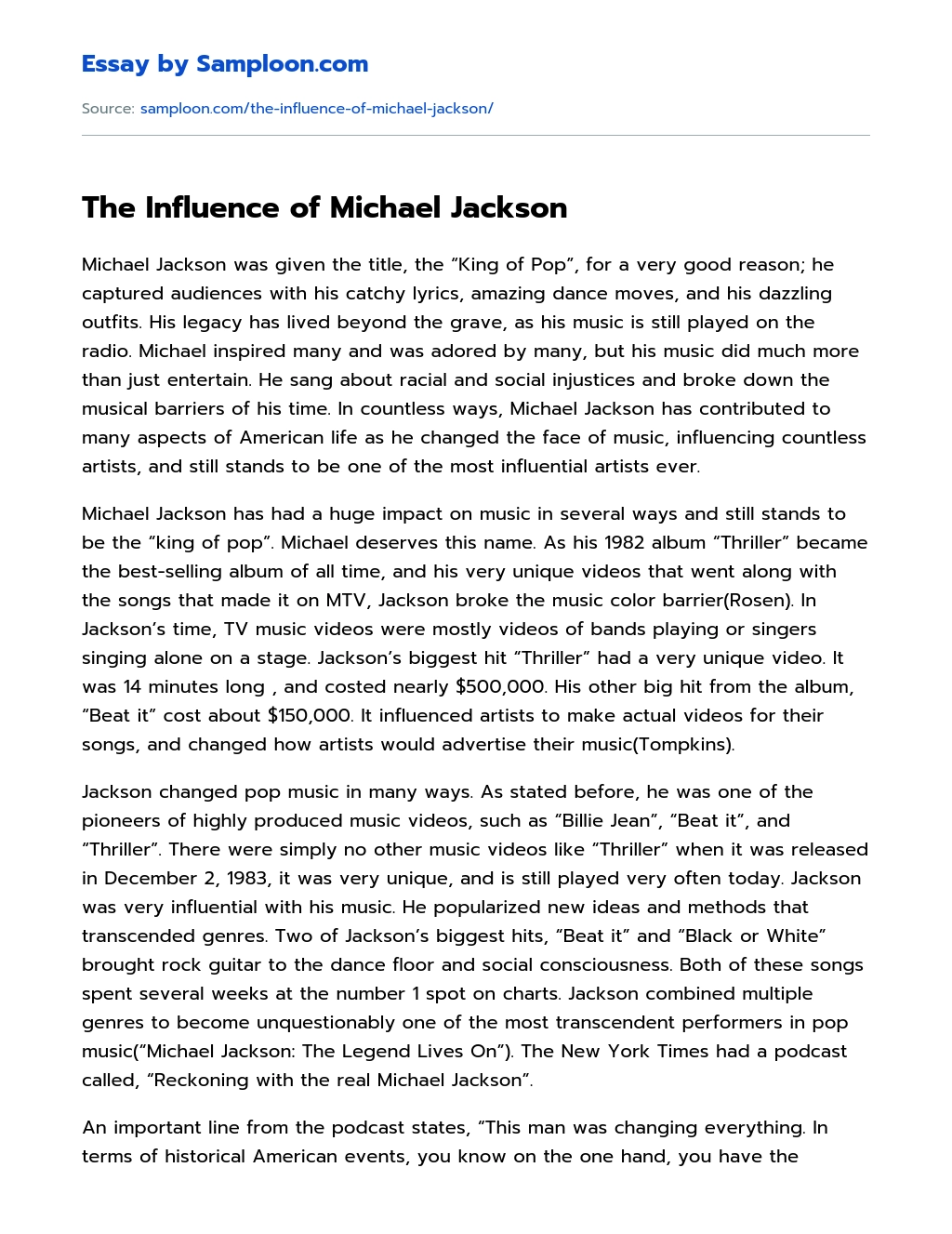 The Influence of Michael Jackson Research Paper essay