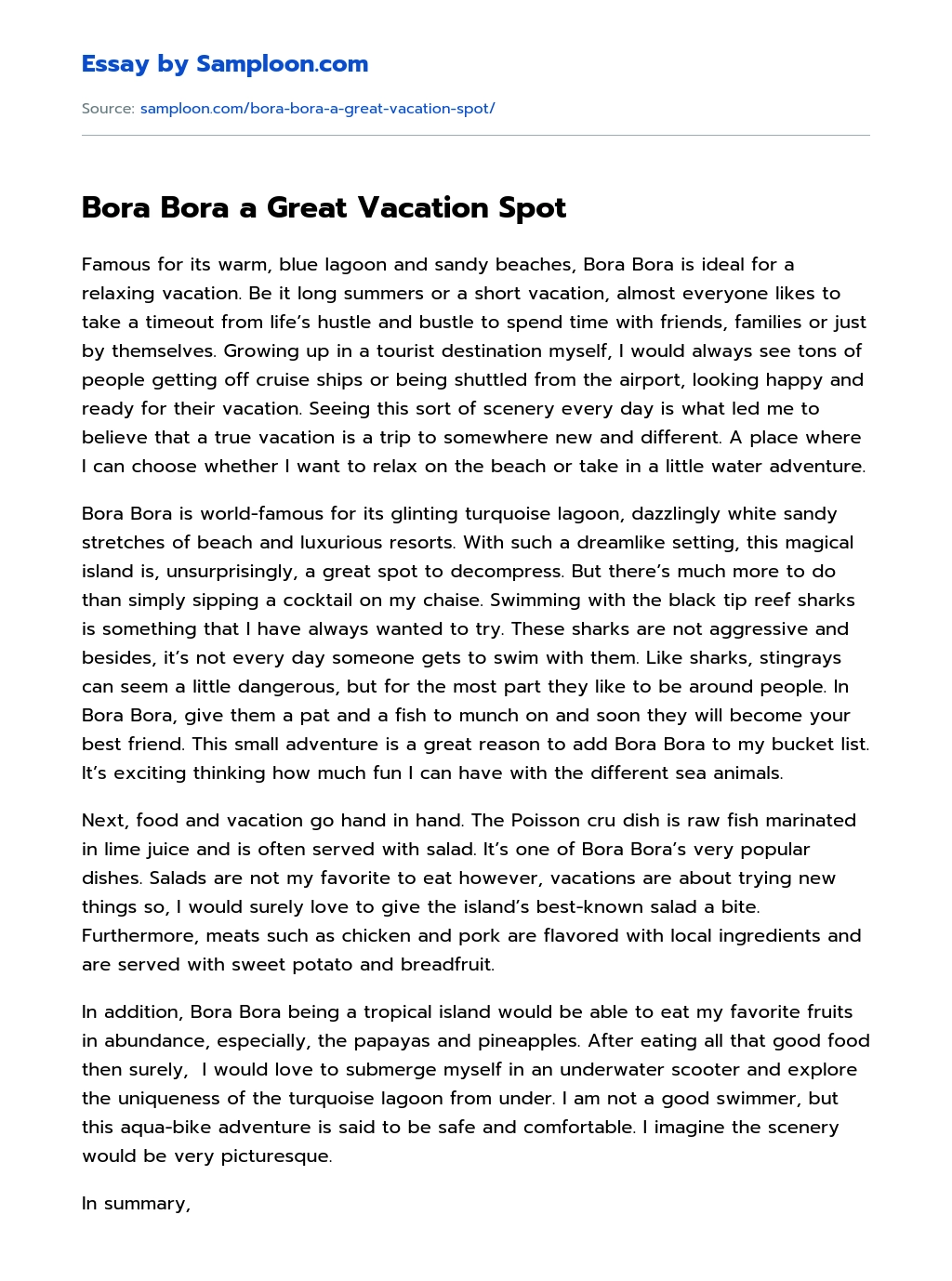 Bora Bora a Great Vacation Spot essay