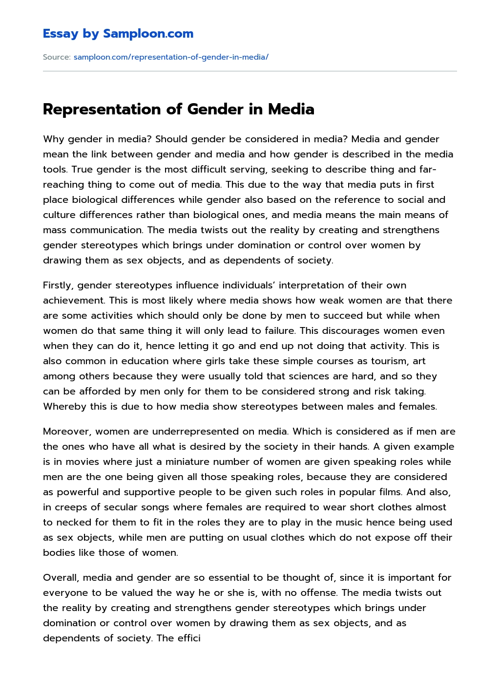 Representation of Gender in Media essay