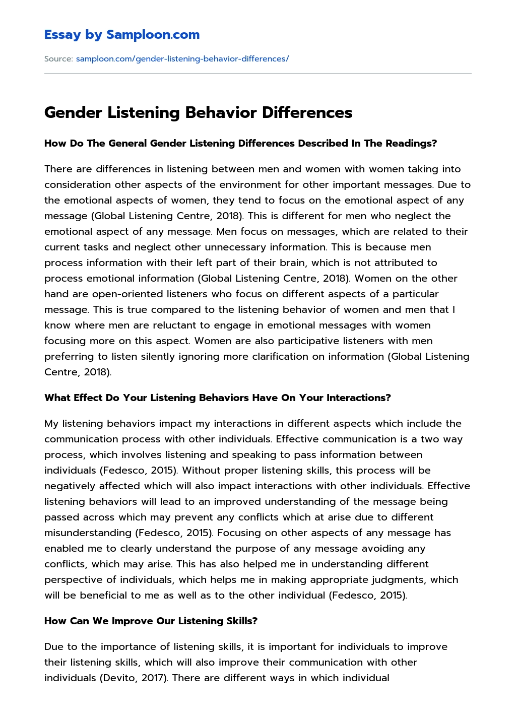 Gender Listening Behavior Differences  essay