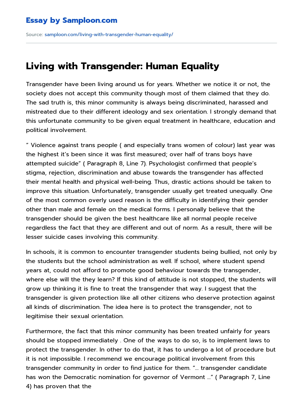 Living with Transgender: Human Equality essay