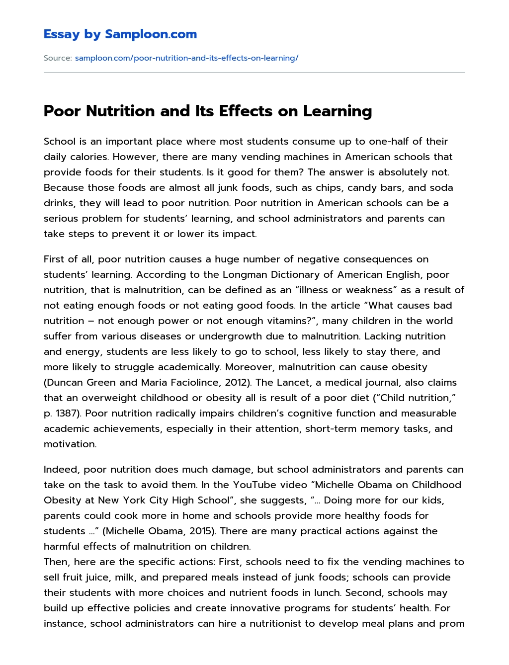 Poor Nutrition and Its Effects on Learning essay