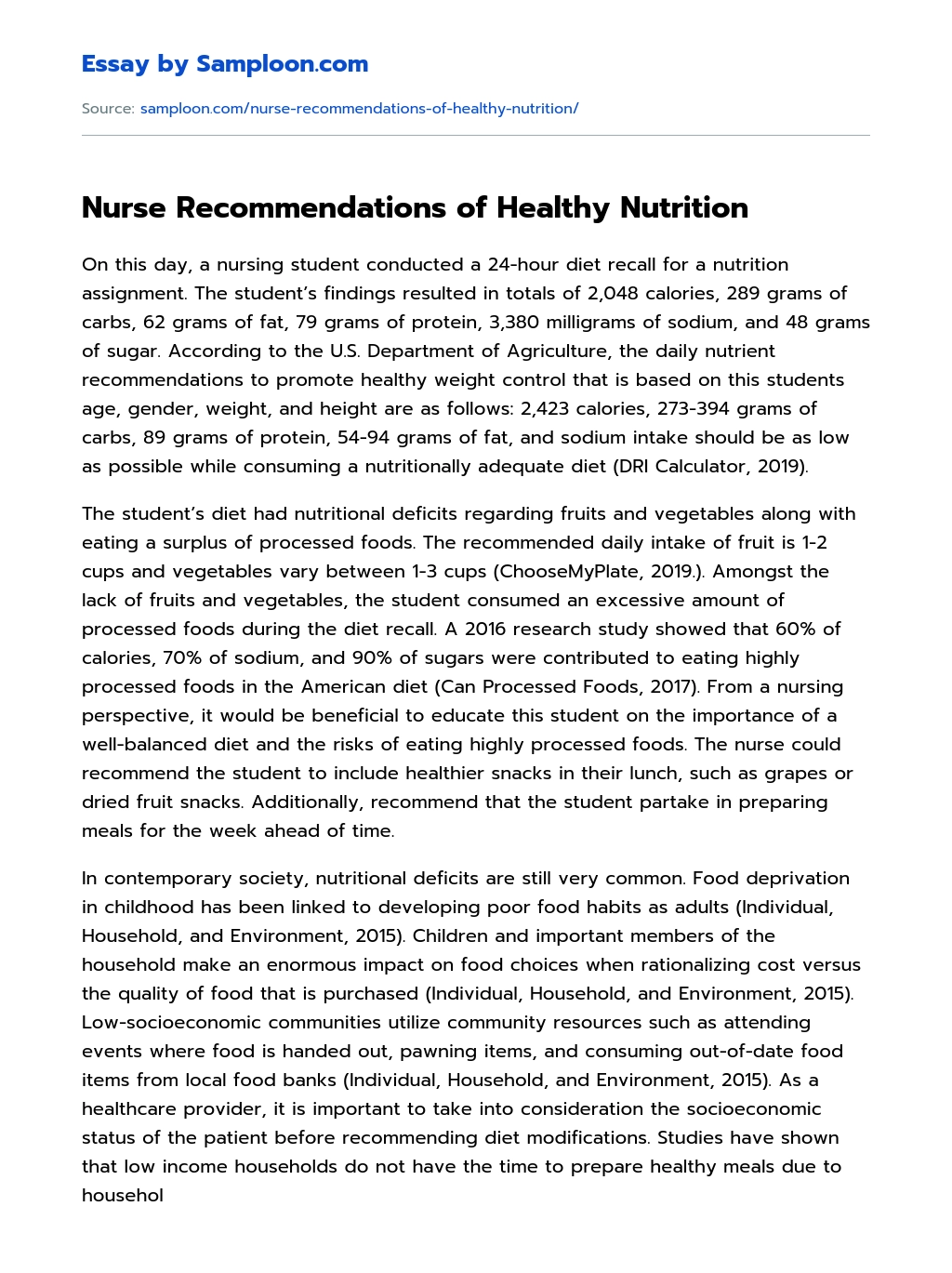Nurse Recommendations of Healthy Nutrition  essay