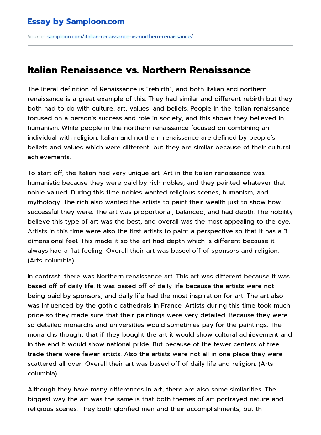 Italian Renaissance vs. Northern Renaissance essay