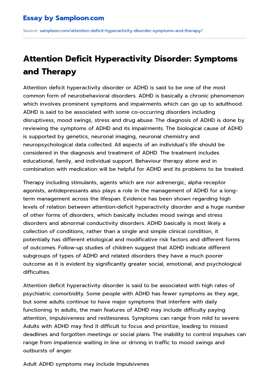 Attention Deficit Hyperactivity Disorder: Symptoms and Therapy Argumentative Essay essay