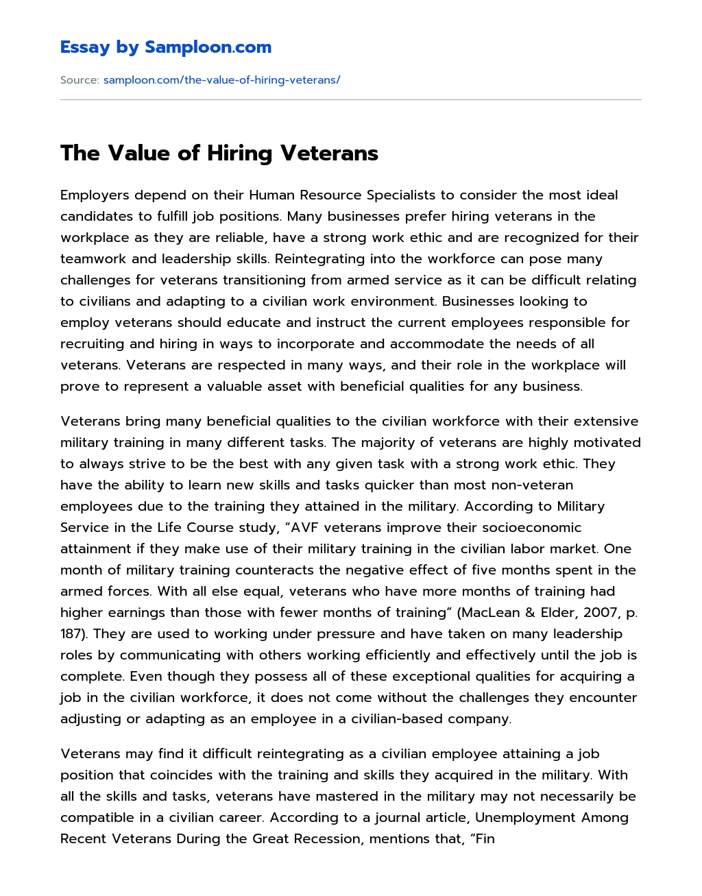 The Value of Hiring Veterans essay