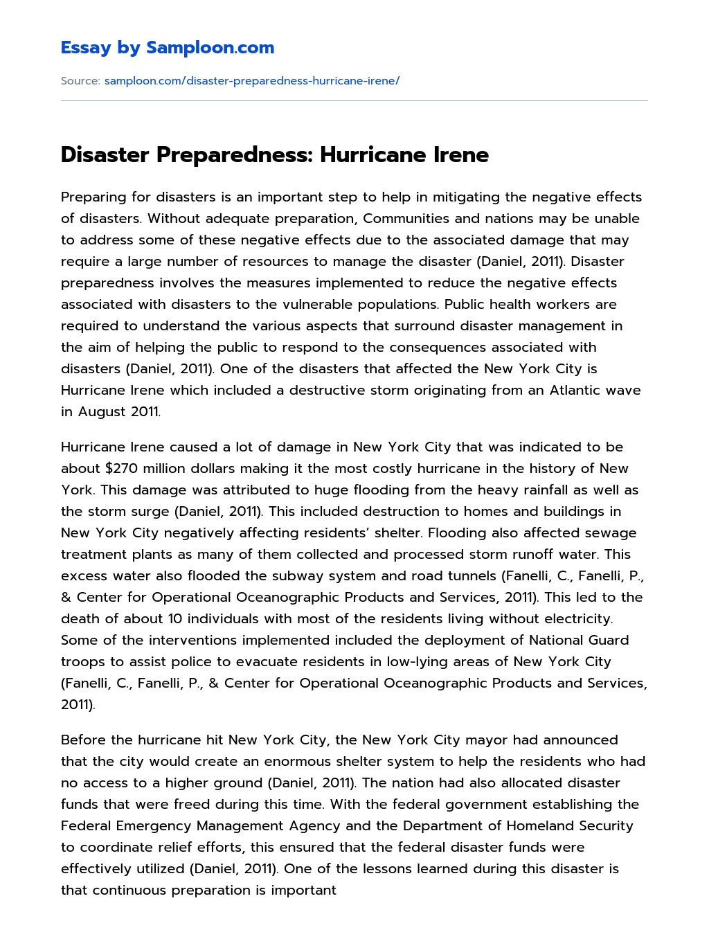 Disaster Preparedness: Hurricane Irene  essay