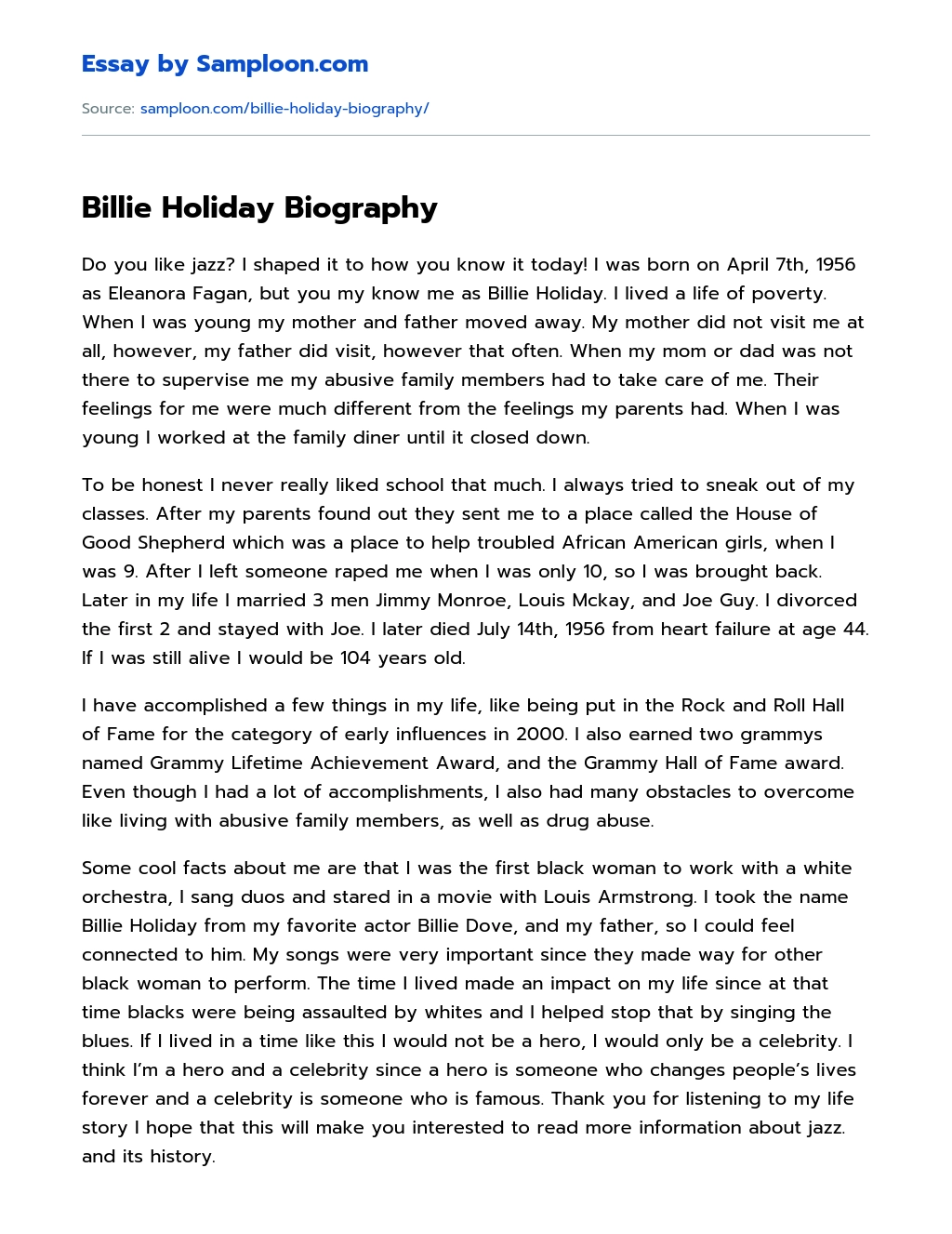 Billie Holiday Biography essay