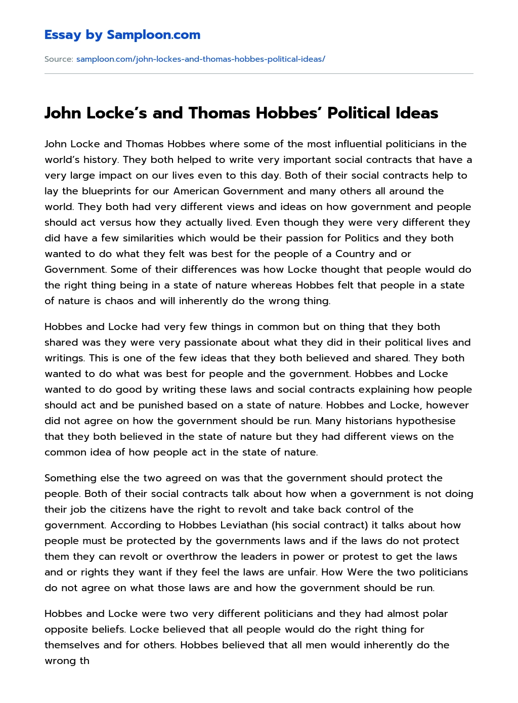 John Locke’s and Thomas Hobbes’ Political Ideas essay