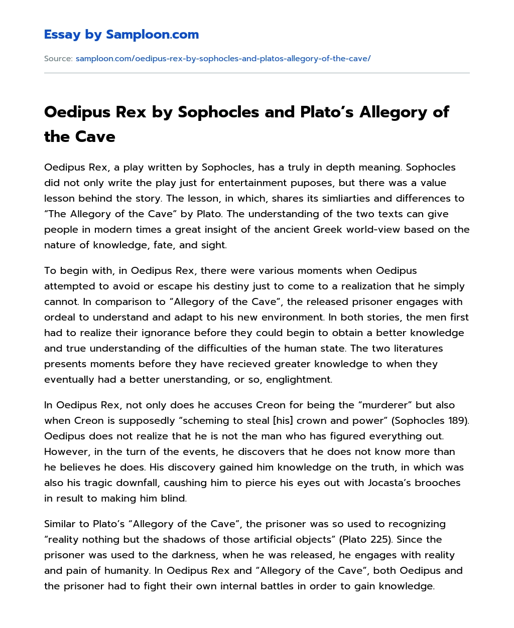 Oedipus Rex by Sophocles and Plato’s Allegory of the Cave essay