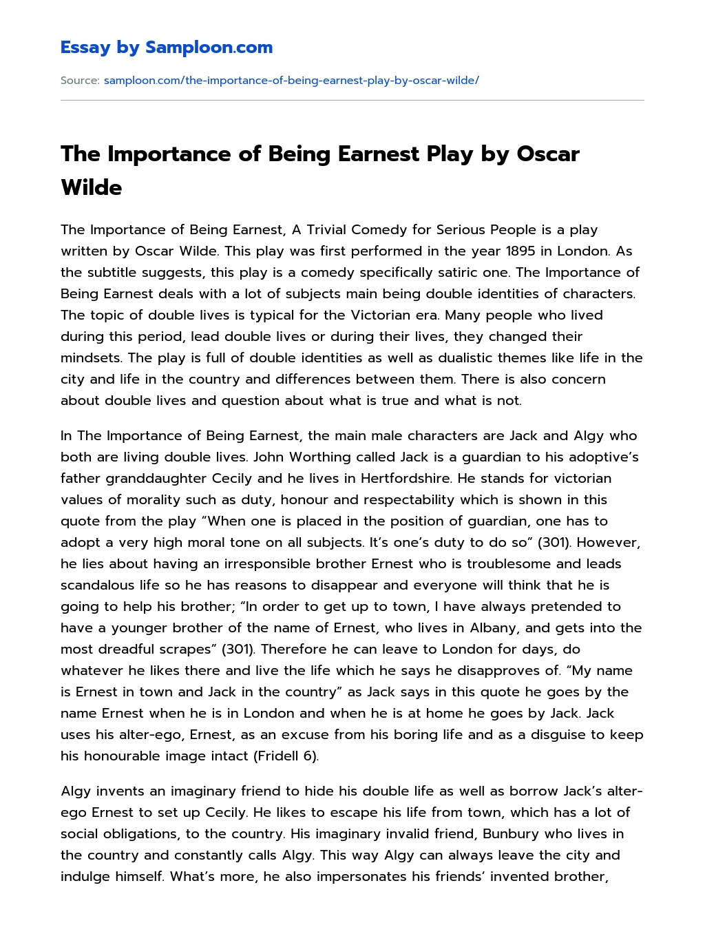 The Importance of Being Earnest Play by Oscar Wilde essay
