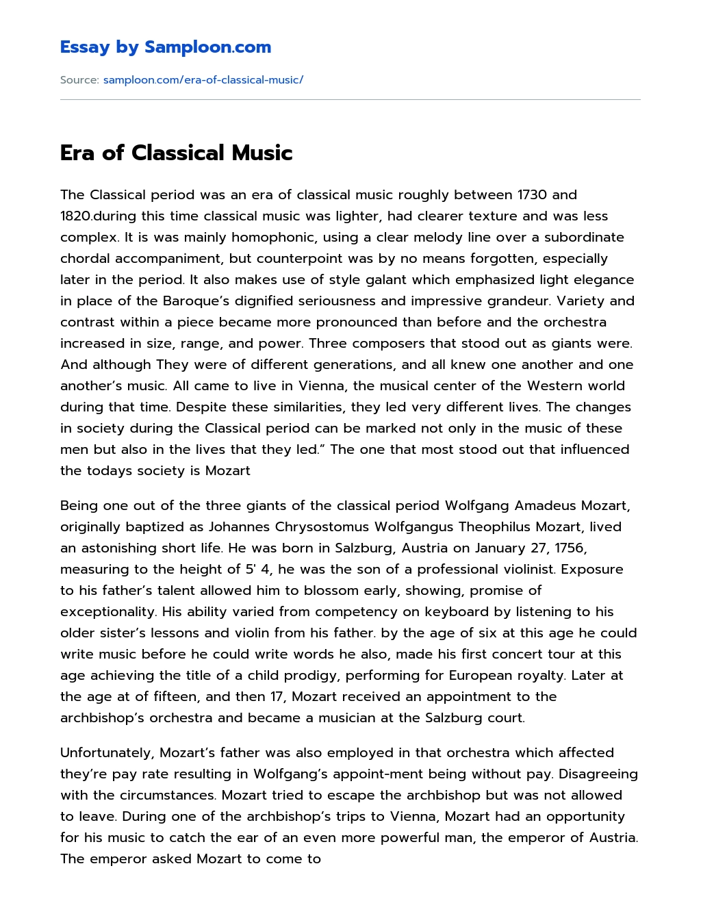Era of Classical Music essay