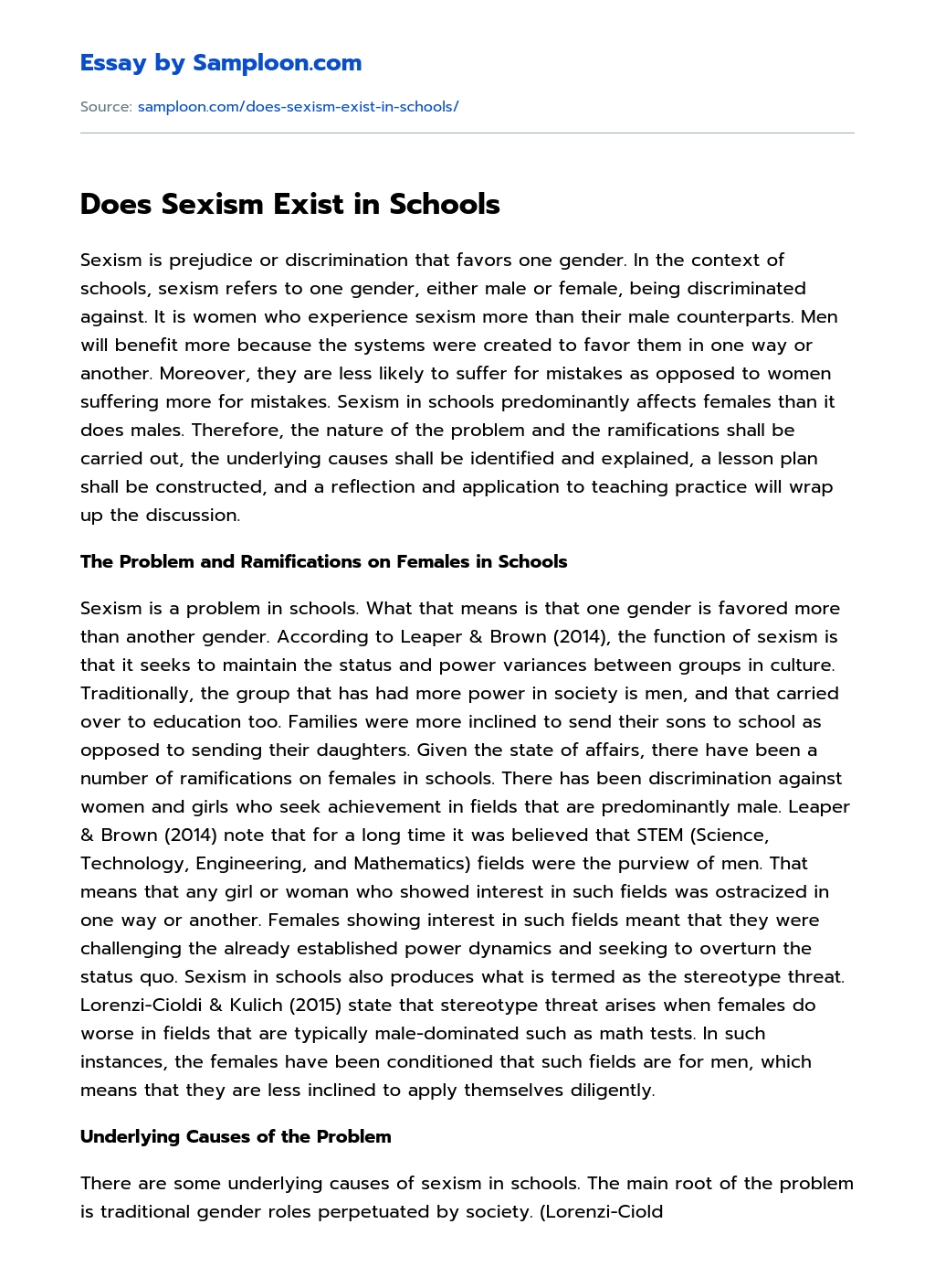 Does Sexism Exist in Schools essay