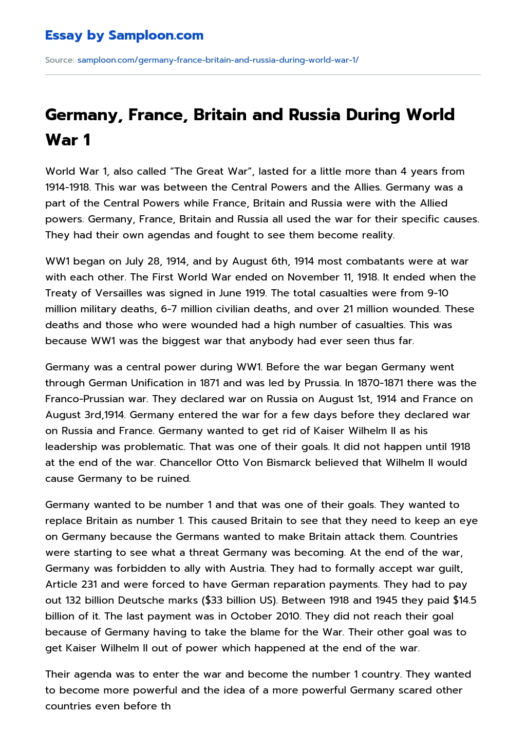 Germany, France, Britain and Russia During World War 1 essay