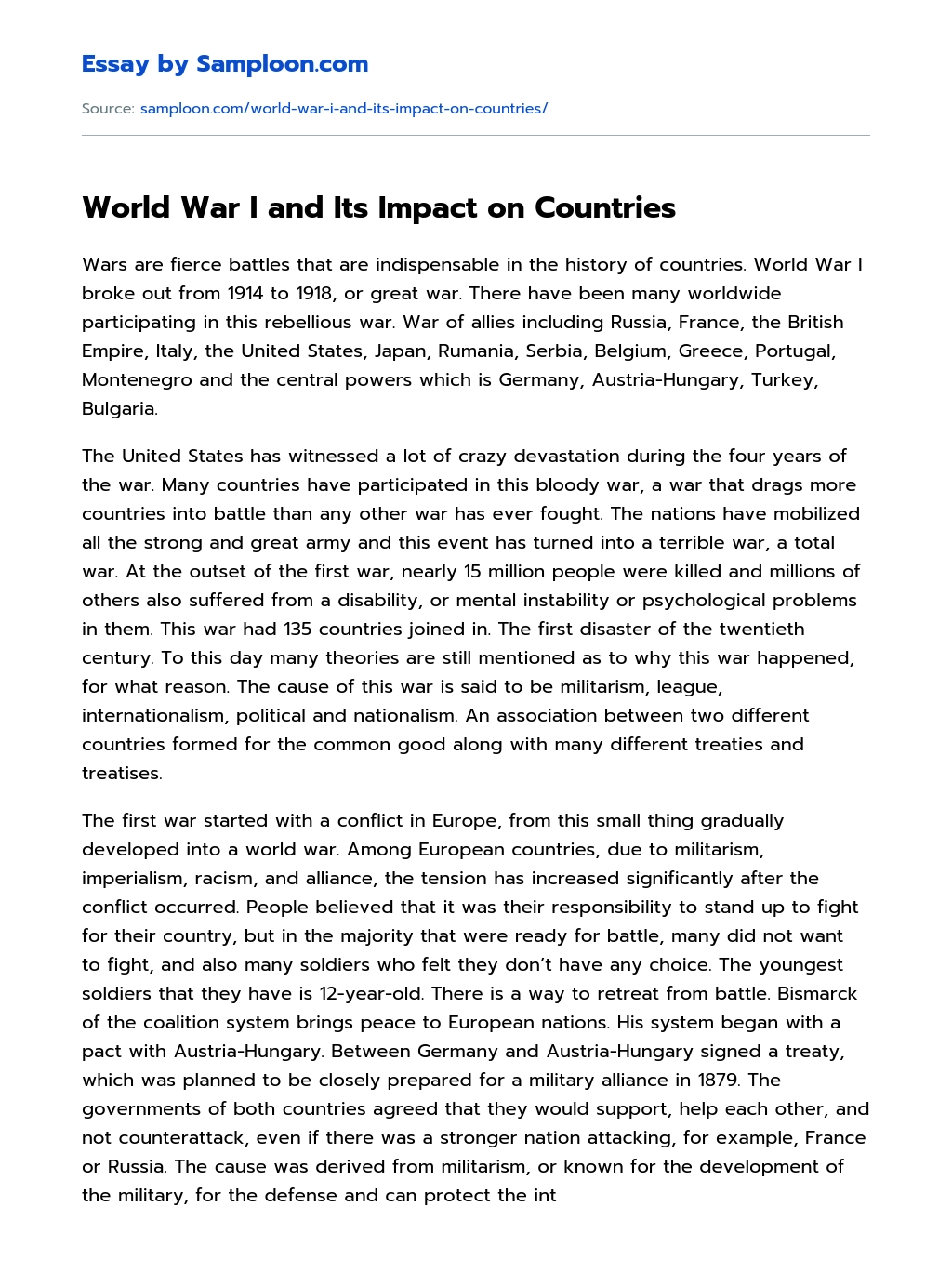 World War I and Its Impact on Countries essay