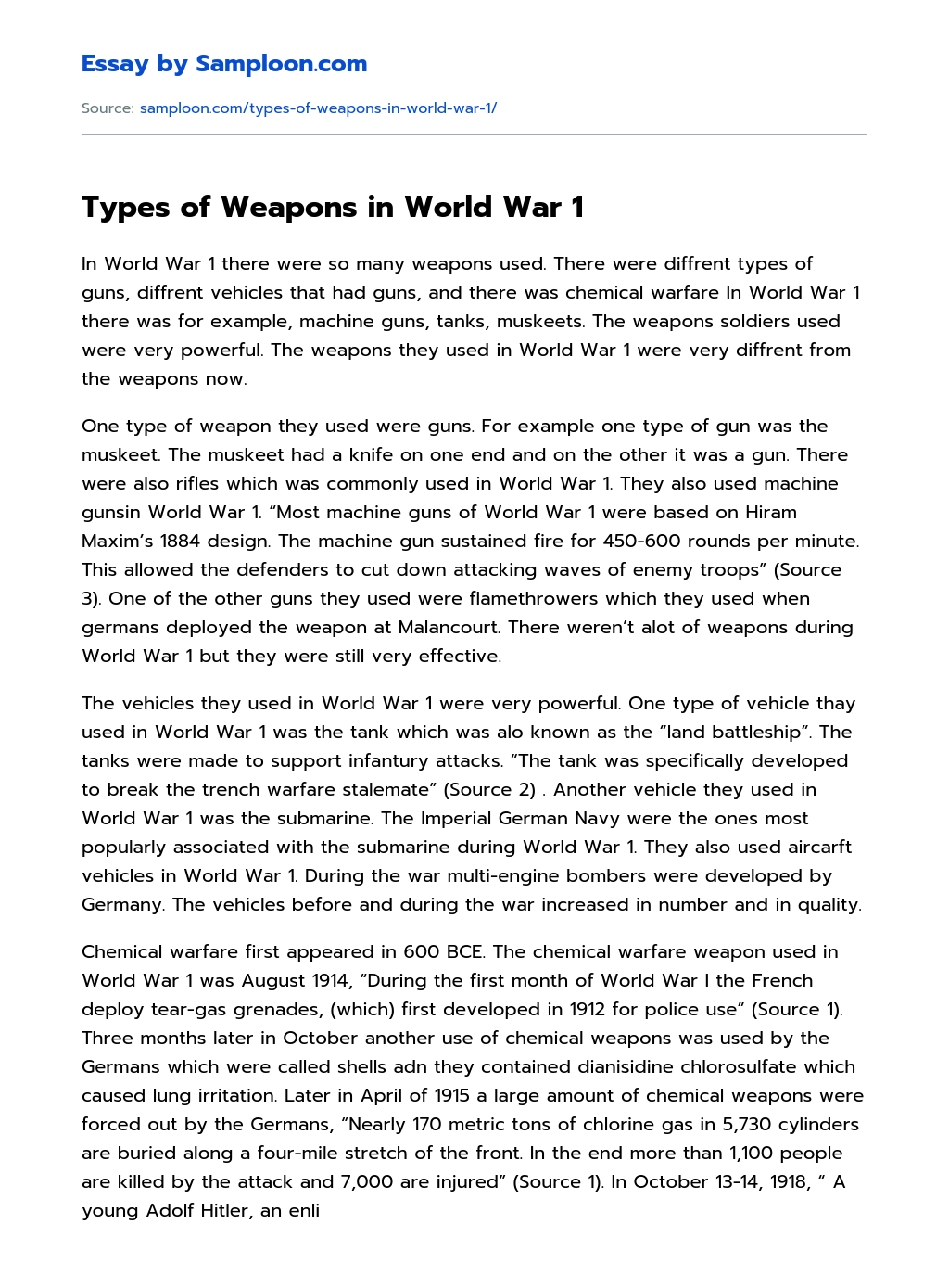 Types of Weapons in World War 1 essay