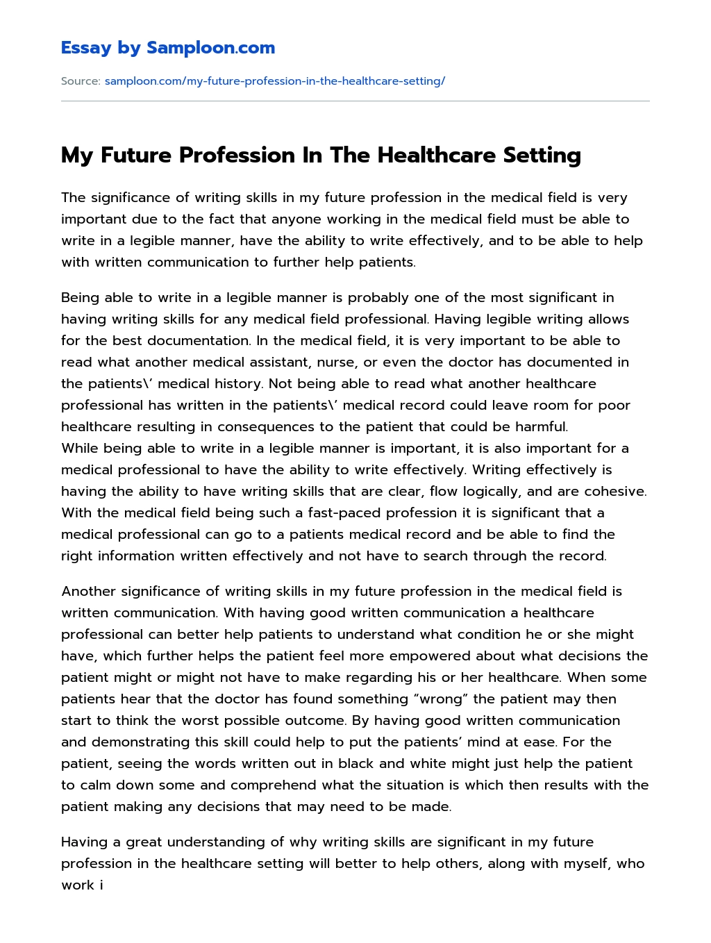 My Future Profession In The Healthcare Setting essay