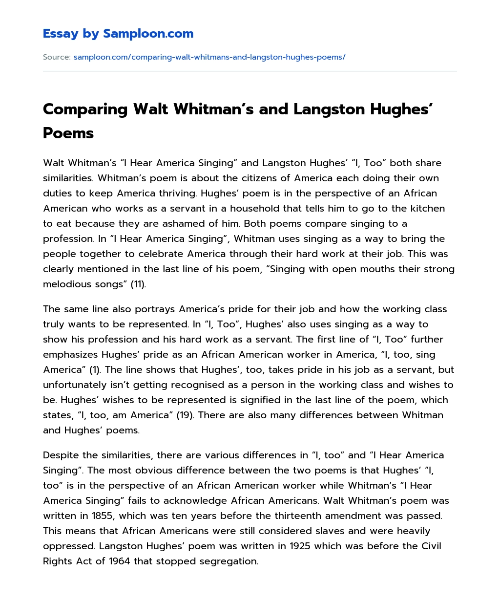 Comparing Walt Whitman’s and Langston Hughes’ Poems essay