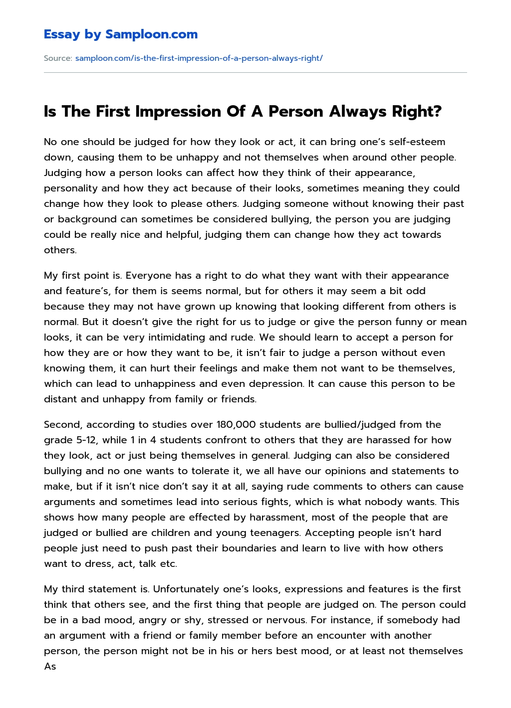 Is The First Impression Of A Person Always Right? essay