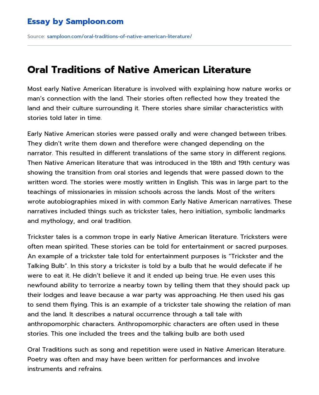 Oral Traditions of Native American Literature essay