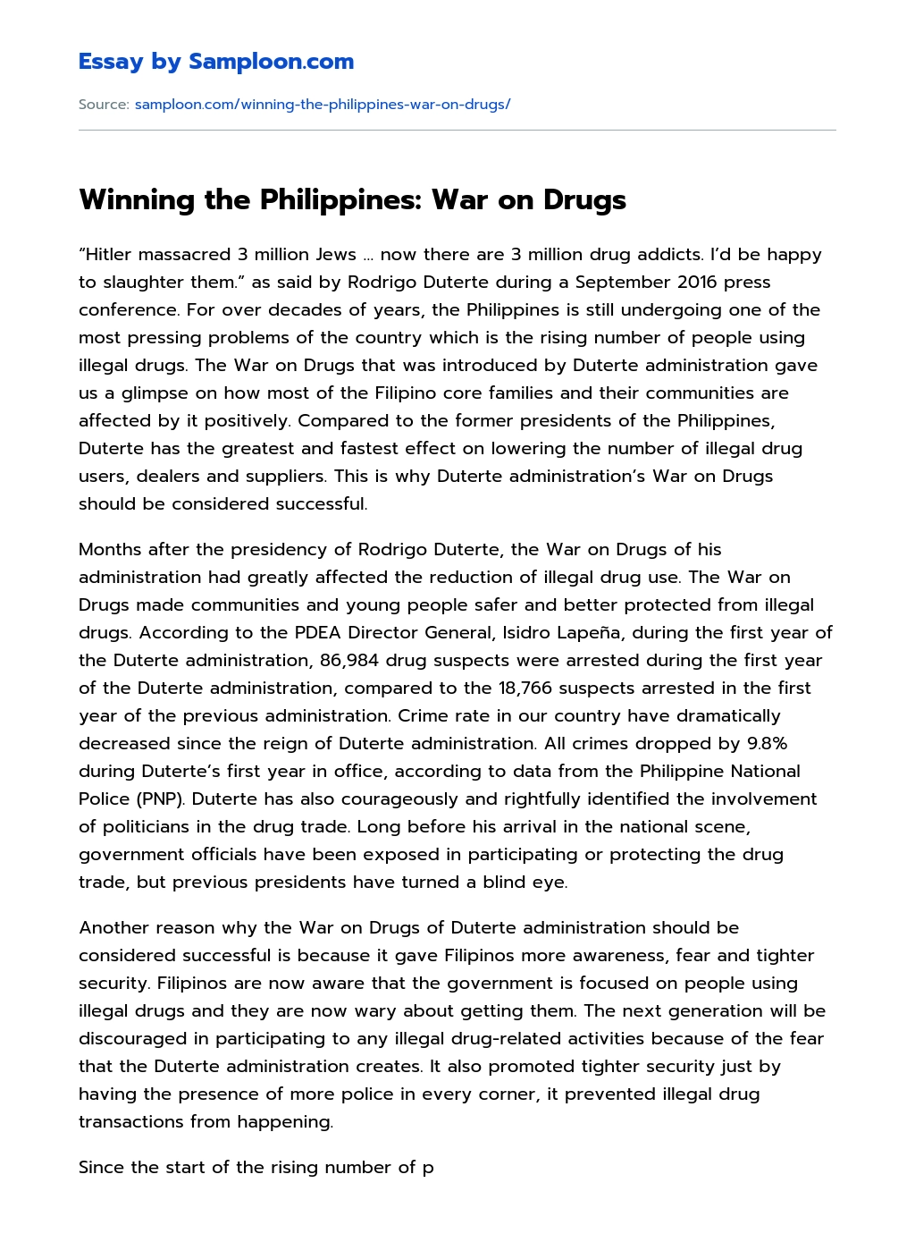 Winning the Philippines: War on Drugs essay