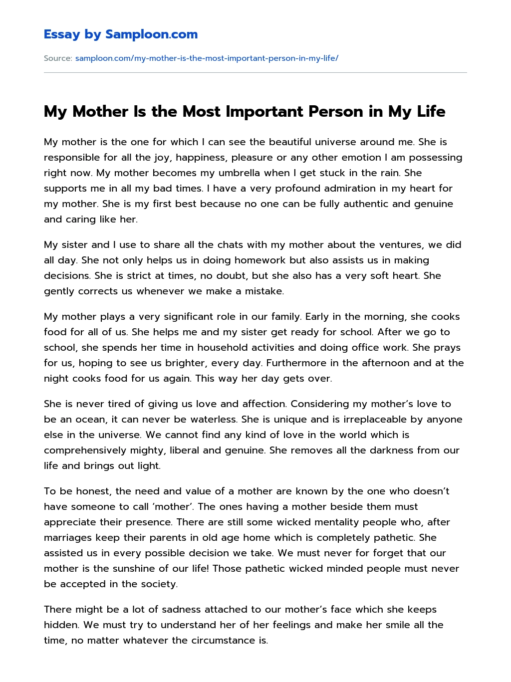 My Mother Is the Most Important Person in My Life Autobiography Essay