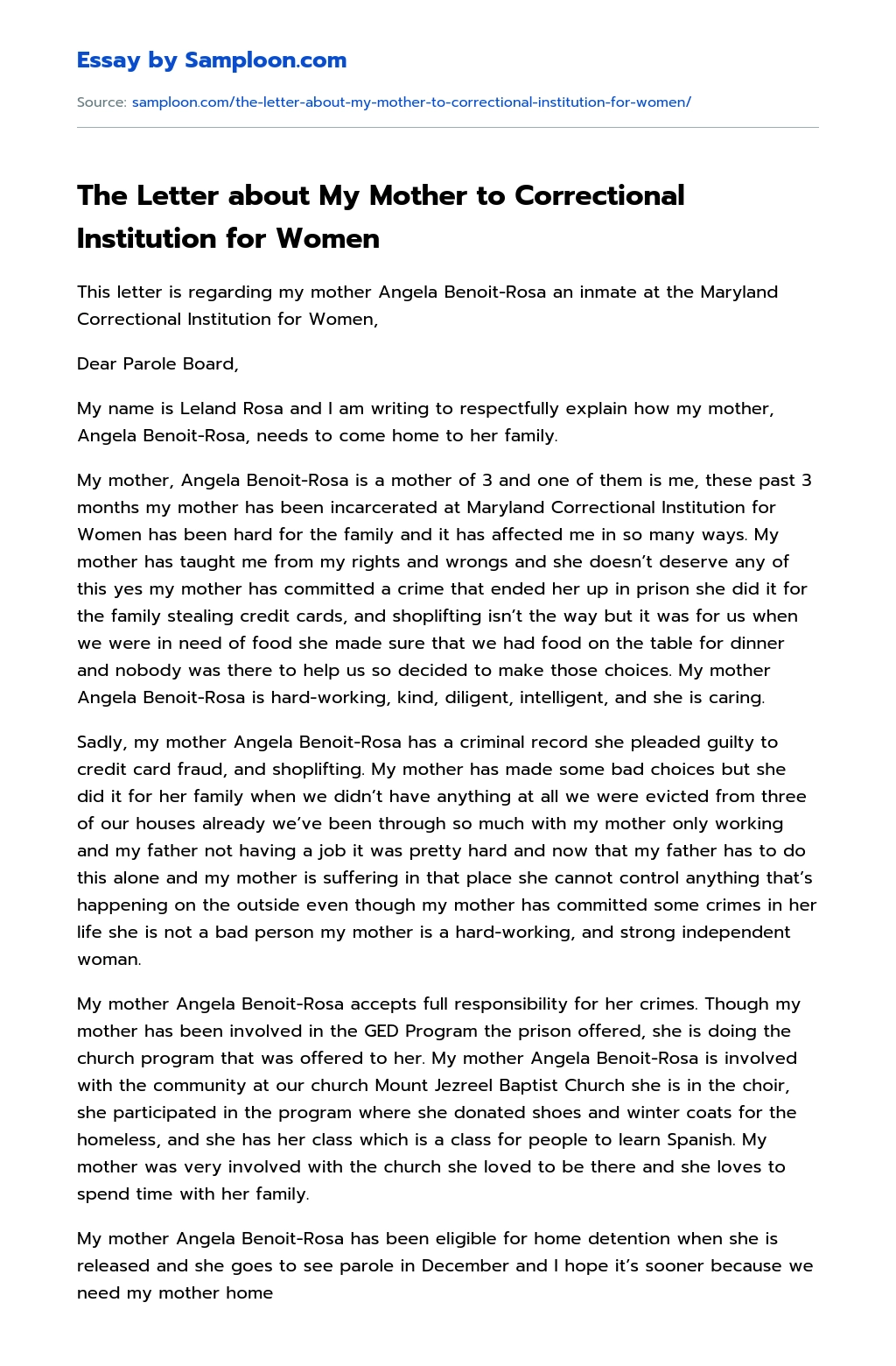 The Letter about My Mother to Correctional Institution for Women essay