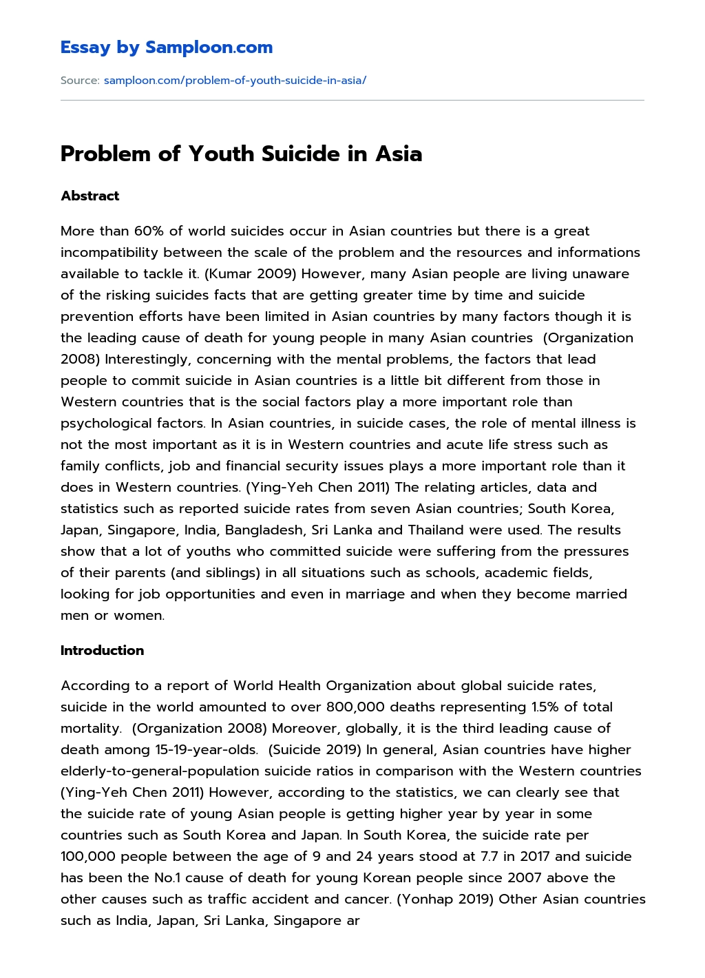 Problem of Youth Suicide in Asia  essay