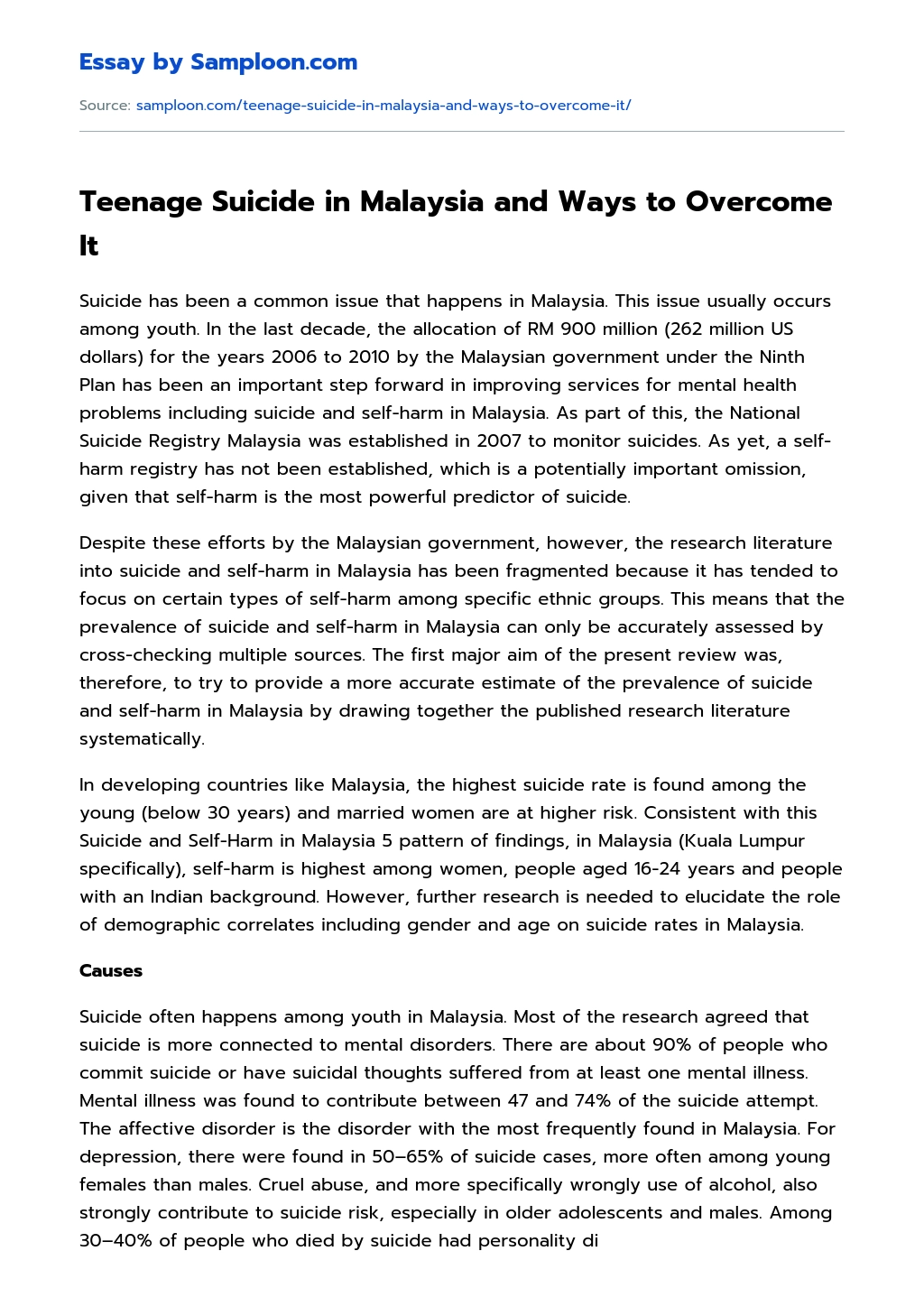 Teenage Suicide in Malaysia and Ways to Overcome It essay