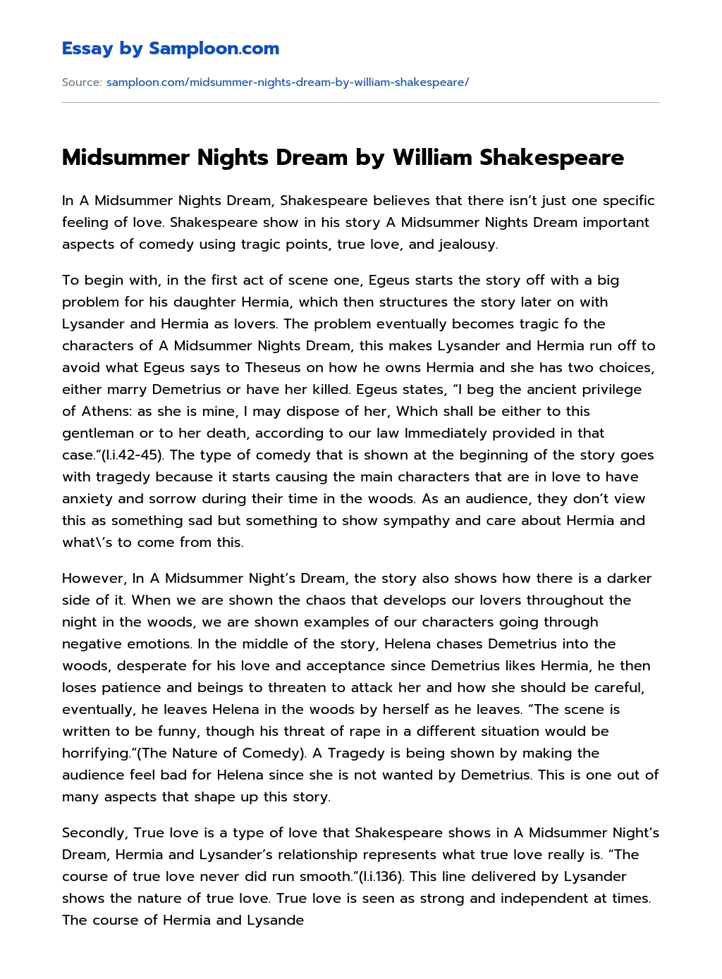 Midsummer Nights Dream by William Shakespeare essay