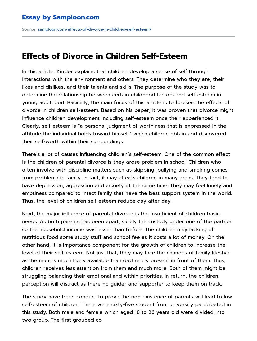 Effects of Divorce in Children Self-Esteem essay