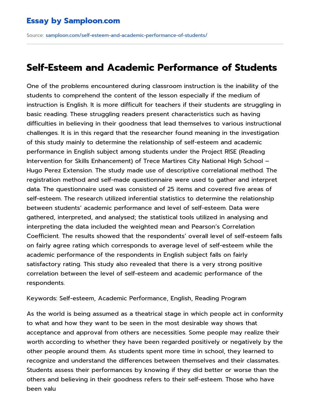 Self-Esteem and Academic Performance of Students essay