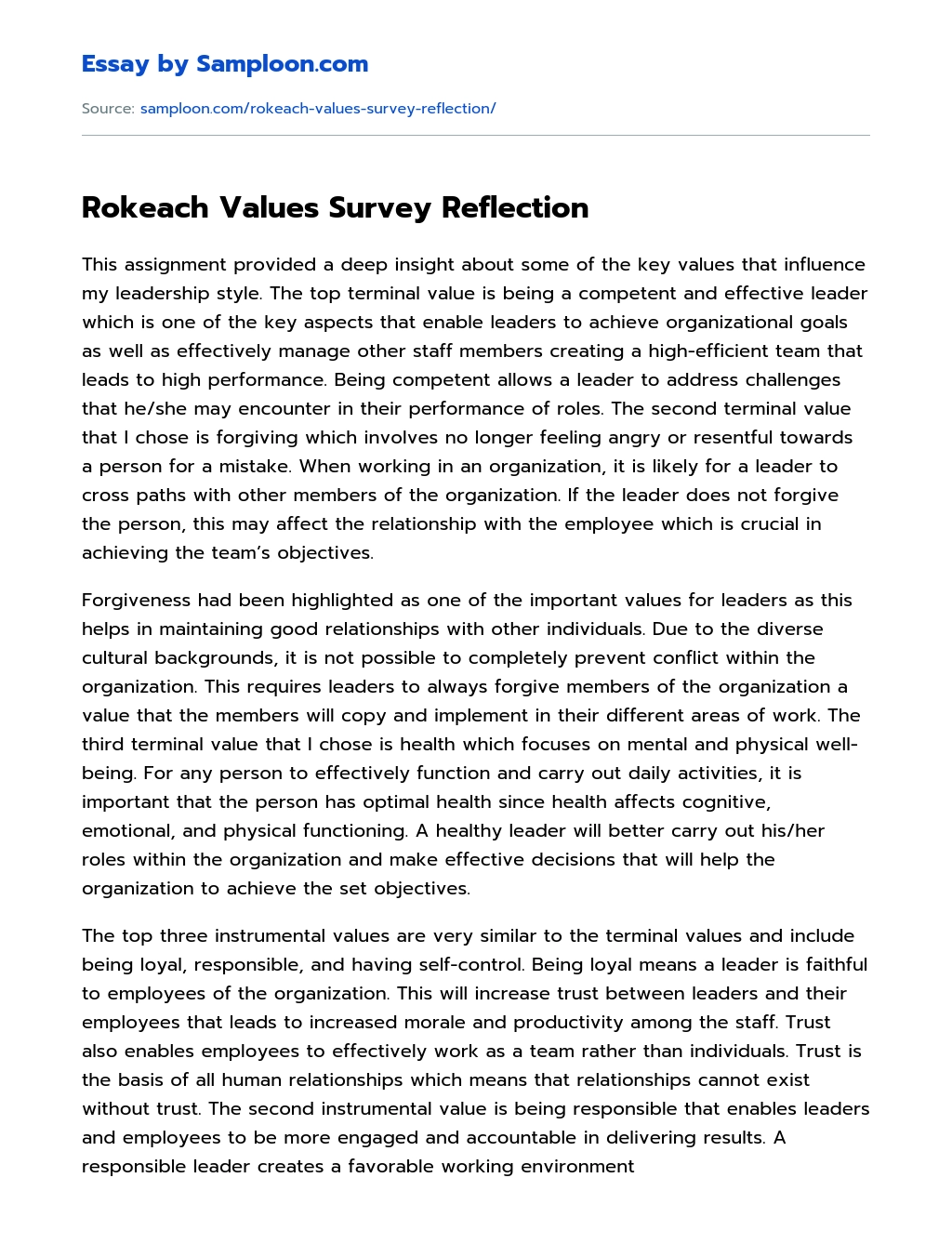 Rokeach Values Survey Reflection  essay