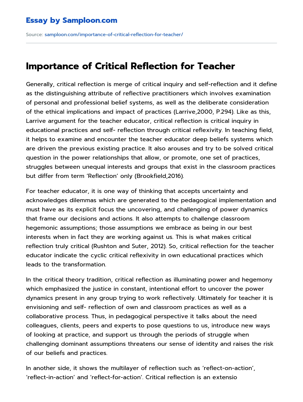 Importance of Critical Reflection for Teacher essay