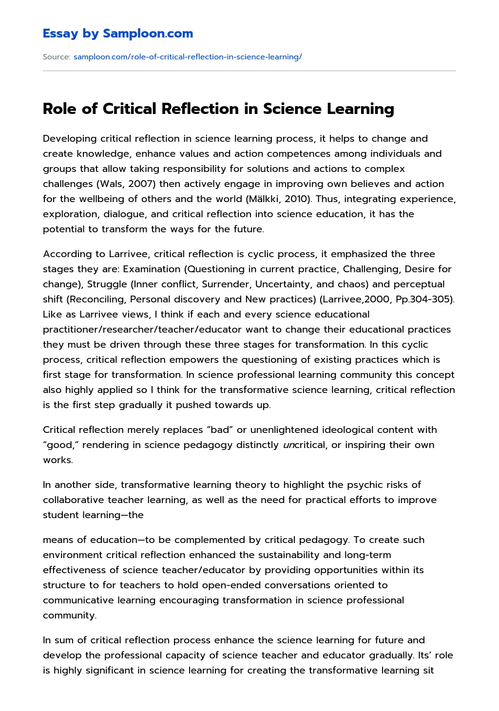 Role of Critical Reflection in Science Learning essay