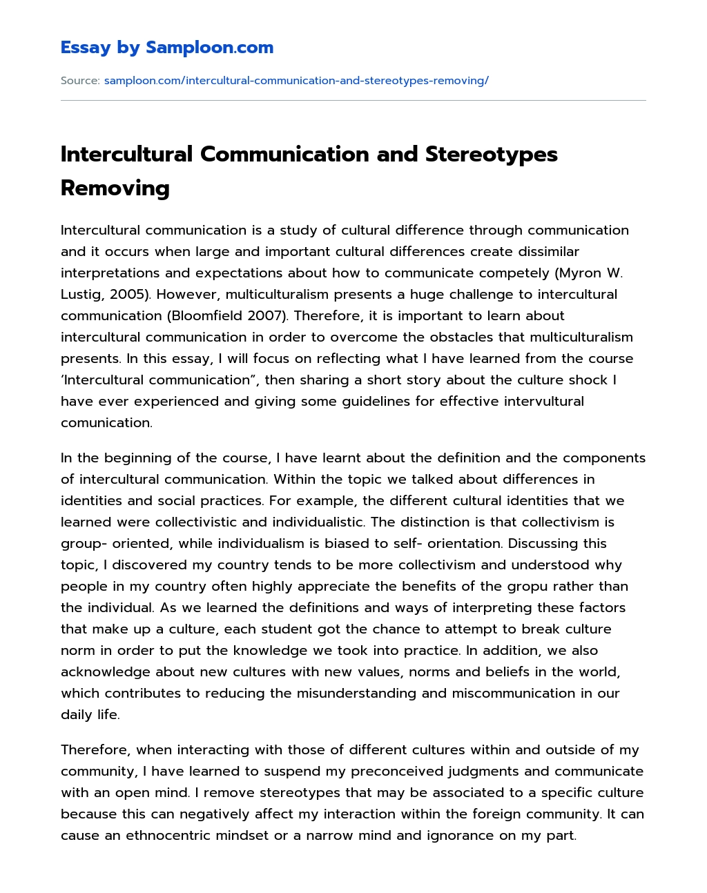 Intercultural Communication and Stereotypes Removing essay