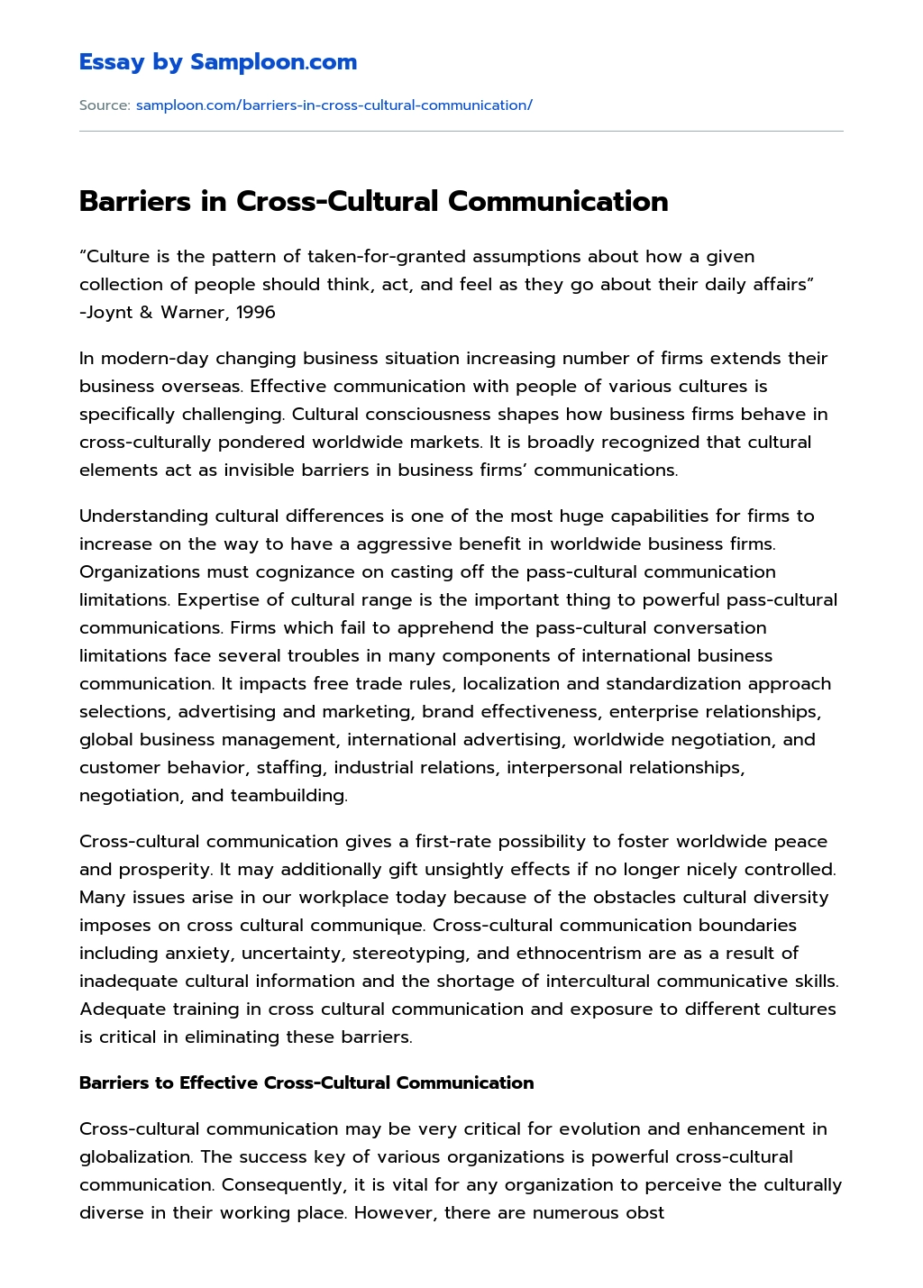 Barriers in Cross-Cultural Communication essay