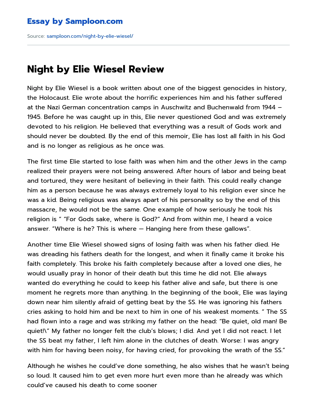 Night by Elie Wiesel Review essay