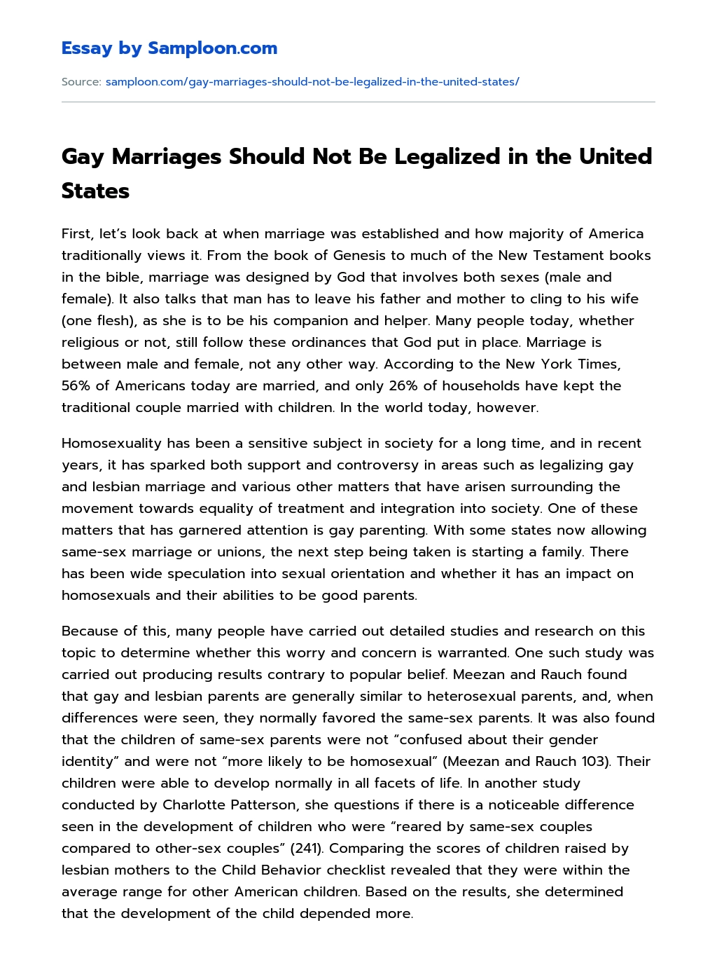 Gay Marriages Should Not Be Legalized in the United States essay