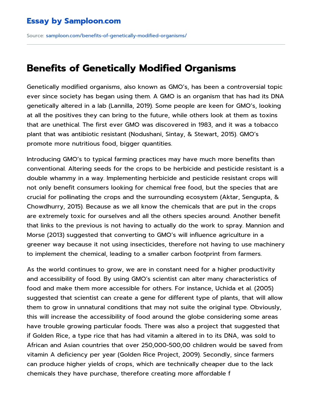 Benefits of Genetically Modified Organisms essay